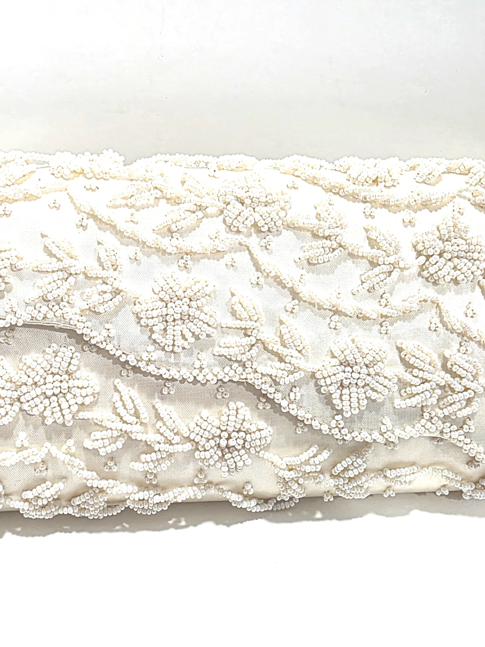 Vintage Hand Beaded Ivory Clutch with Floral Design By Hoag